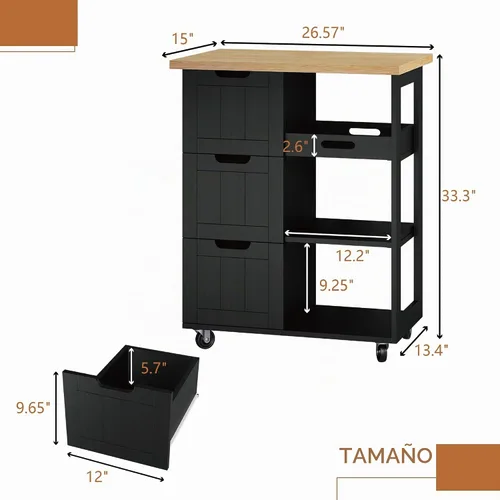 Vista 2 de SUNLEI Isla de Cocina con Carro de Almacenamiento, Carrito Rodante de Café Pequeño, Mesa de Corte de Madera, Microondas con 3 Cajones sobre Ruedas