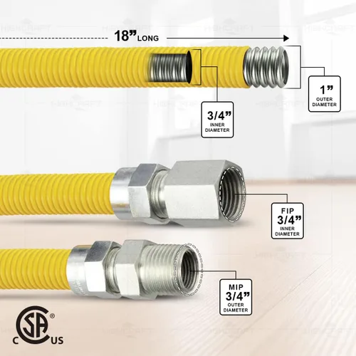 Vista 2 de Conector de gas de acero inoxidable con revestimiento amarillo de 18 pulgadas, conector de manguera de gas flexible de 1 pulgada de diámetro