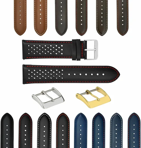Vista 13 de Ewatchparts Correa de reloj de piel perforada de 18-19-20-21-22-0.906-0.945 in compatible con Rolex Quick Release Negro y dorado