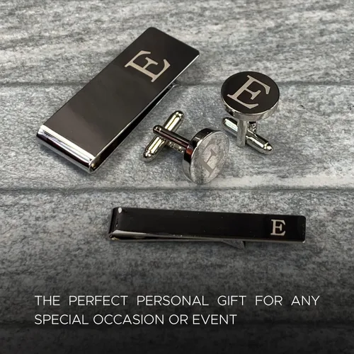 Vista 6 de BodyJ4You 4PC Cufflinks, Tie Bar, Money Clip - Initial A-Z Engraving Alphabet Letter - Mirror Polished Steel Jewelry Set - Men's Cuff Links Shirt