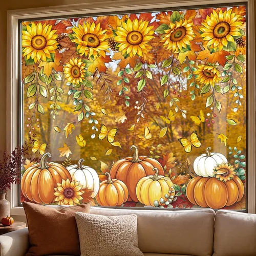 Vista 2 de Natonhi Adhesivos de ventana de otoño, calcomanías de girasol de calabaza Otoño-Naranja