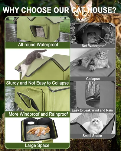 Vista 5 de Casa para gatos al aire libre, casa grande para gatos al aire libre, resistente a la intemperie con base elevada, refugio para gatos al aire libre