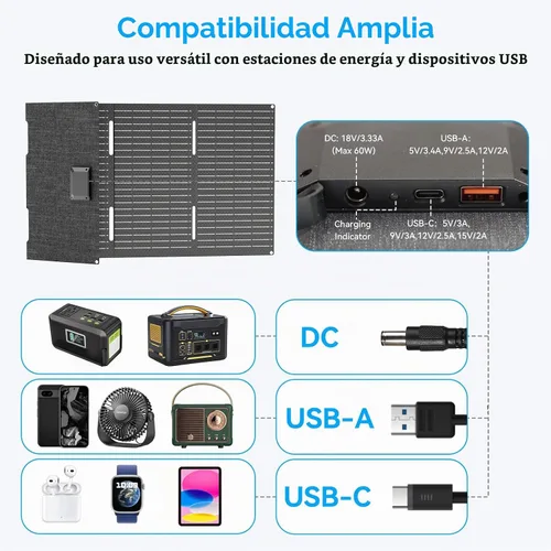 Vista 2 de Ecosonique - Cargador de paneles solares plegables portátiles de 60 W, carga rápida con USB-C PD3.0 USB-A QC3.0 DC 18V Salida ETFE Revestimiento
