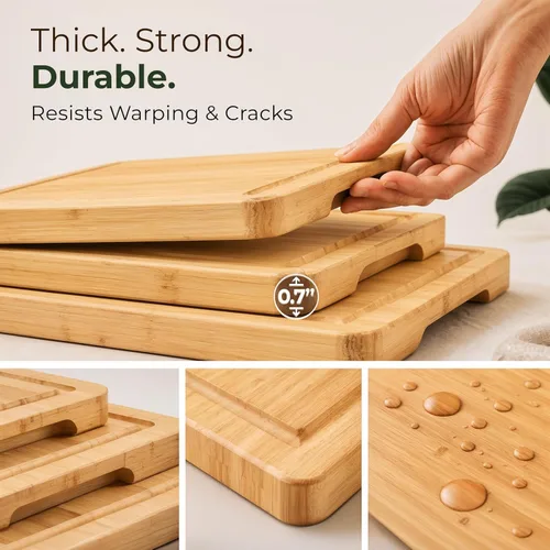 Vista 3 de Juego de tablas de cortar de bambú de 3 piezas - Tablas de cortar de madera gruesas y duraderas con ranuras profundas para jugo y asas incorporadas