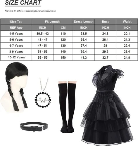 Vista 6 de Mcgeeney Disfraz negro para niñas pequeñas con peluca, collar, cinturón y calcetines, ideal para Halloween
