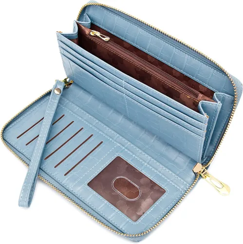 Vista 2 de Badiya Cartera para mujer con bloqueo RFID de cuero con cremallera de gran capacidad para tarjetas de crédito bolso largo Azul