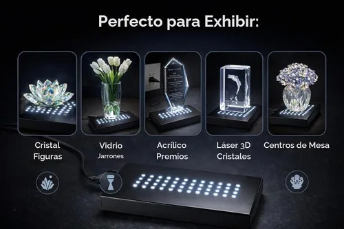 Vista 3 de 36 Base iluminada con luz blanca LED para arte de vidrio - Exhibición de cristal, base acrílica iluminada, jarrón de vidrio para soporte de centro