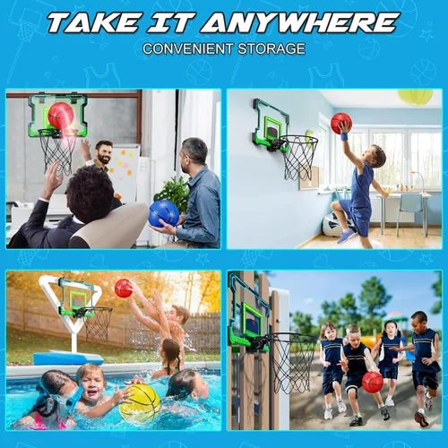 Vista 7 de OKKIDY Mini aro de baloncesto para interiores, aro de baloncesto iluminado con marcador LED electrónico, pequeños juguetes de baloncesto al aire