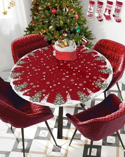 Vista 9 de Mantel redondo de Navidad de 55 a 60 pulgadas, impermeable, reutilizable, mantel elástico redondo ajustable para fiestas al aire libre, copo