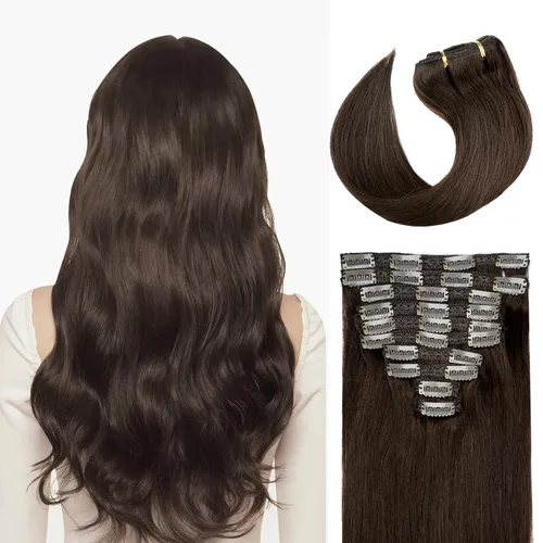 Vista 11 de Extensiones de cabello humano con clip de 14 pulgadas, 4.33 oz, 7 piezas, 16 clips, color marrón chocolate, doble trama, extensiones de cabello Remy