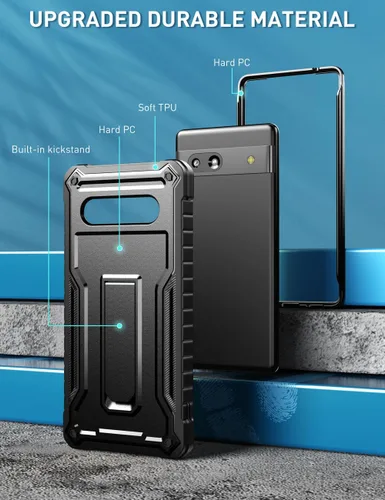 Vista 5 de FITO Funda para Google Pixel 7A, doble capa a prueba de golpes resistente con soporte incorporado, sin protector de pantalla (negro)