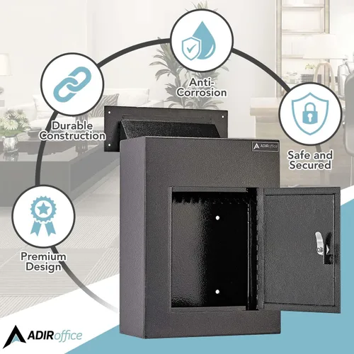 Vista 5 de AdirOffice Caja fuerte para colgar a través de la pared, acero grueso duradero con canal ajustable, bóveda de correo para casa, oficina, hotel