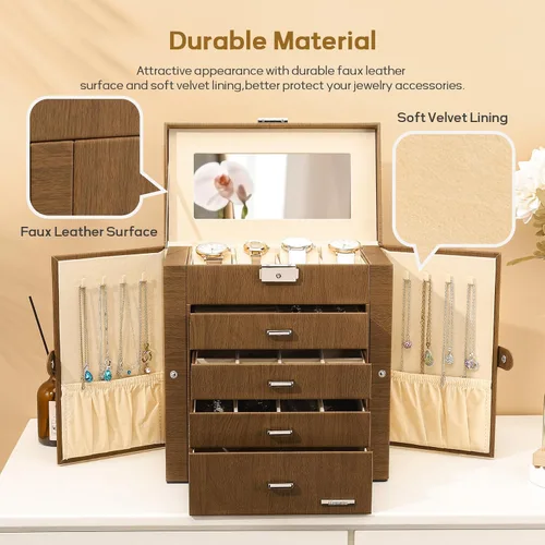 Vista 6 de Homde Caja de joyería enorme de cuero sintético, organizador de reloj con espejo, collar, anillo y aretes, caja de regalo con cerradura (marrón)