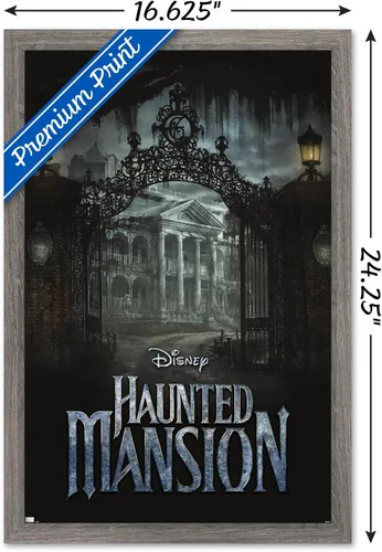 Vista 3 de Disney Haunted Mansion - Póster de pared de mansión, 22.4 pulgadas de largo x 14.7 pulgadas de ancho, versión enmarcada de madera de granero