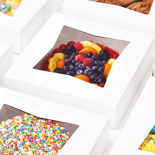 Vista 8 de Caja de panadería blanca gourmet de 10 pulgadas, 1 unidad/caja individual. Bonita ventana para tartas, pasteles, cupcakes, pasteles. Transporta