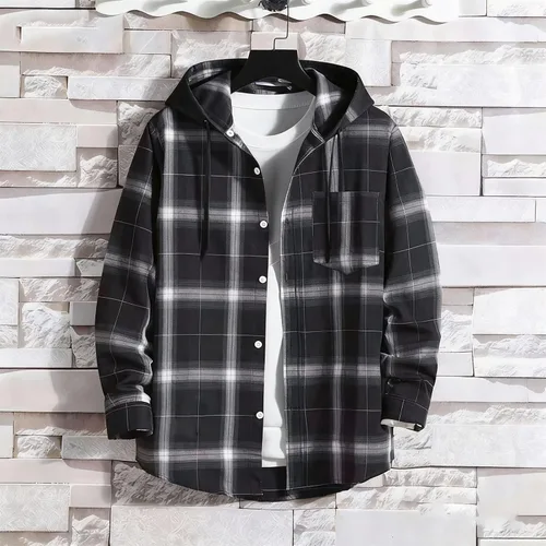 Vista 3 de Camisa a cuadros con botones para hombre, ligera, casual, de manga larga, ajuste holgado, UPF 50+, con capucha y protección solar