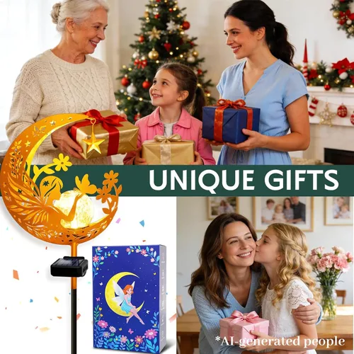 Vista 2 de Luces solares para exterior, decorativas, con forma de ángel lunar, luces solares con poste, luces de camino, regalos de cumpleaños para mujeres