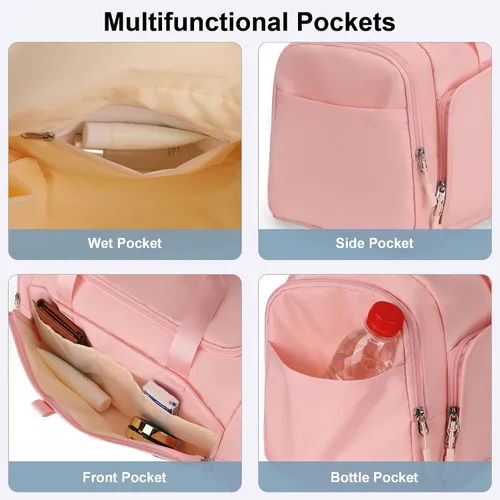 Vista 4 de Bolsa de gimnasio para mujer con compartimento para zapatos, capacidad adecuada de 25L, Rosado, Bolsa de gimnasio