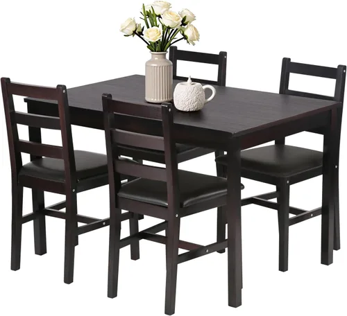 Vista 10 de FDW Mesa de comedor de madera de pino maciza de 5 piezas Marrón Mesa