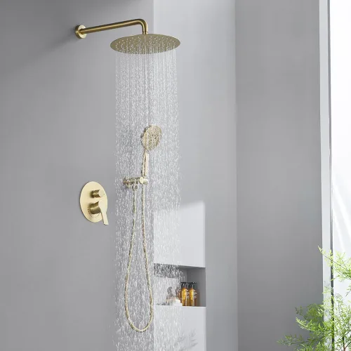 Vista 2 de Sistema de ducha de oro cepillado de 12 pulgadas para baño, cabezal de ducha de lluvia dorado de alta presión con rociador de mano, accesorios