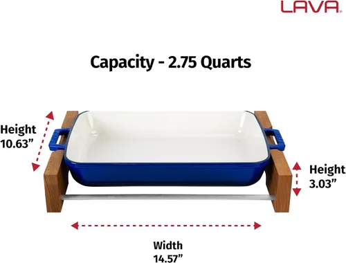Vista 3 de Lava Cast Iron Sartén para lasaña, tres capas de hierro fundido esmaltado, bandeja para hornear con soporte de servicio, plato rectangular apto