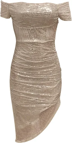 Vista 3 de PTOLOCIF Vestido sexy con hombros descubiertos para mujer, vestido midi de fiesta, elegante, con lentejuelas, sin tirantes, vestido ajustado