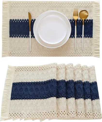 Vista 12 de Juego de 4 manteles individuales verdes de macramé para decoración de mesa con flecos, manteles individuales tejidos de arpillera natural para mesa