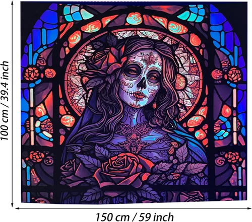 Vista 2 de RILACON Tapiz reactivo con luz negra del Día de los Muertos, tapiz para colgar en la pared, diseño de calavera de rosa y azúcar, póster de esqueleto
