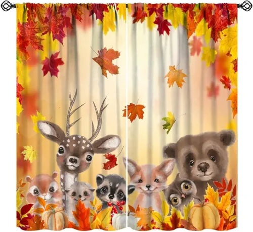 Vista 10 de Cortinas de calabaza de animales, lindos dibujos animados de animales del bosque, hojas de otoño y hongos, estampado de hojas y hongos, tratamientos