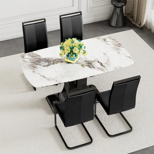 Vista 31 de Moderno juego de mesa de comedor para 4, mesa de vidrio de 63 pulgadas y base de MDF, mesa de comedor de mármol sintético negro con 4 sillas Mesa