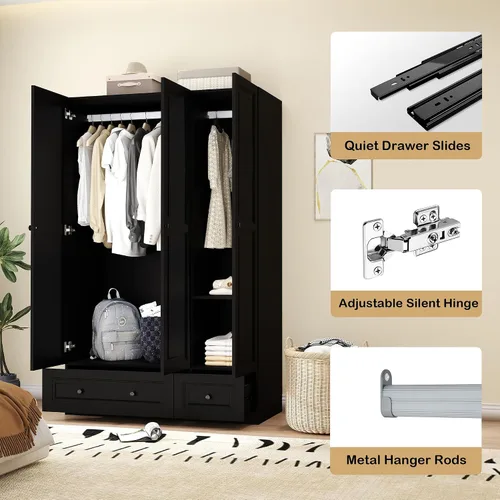 Vista 4 de Armario Armario con cajones: armario de dormitorio de 74 pulgadas para ropa colgante, armarios negros con puertas, armario moderno con estantes