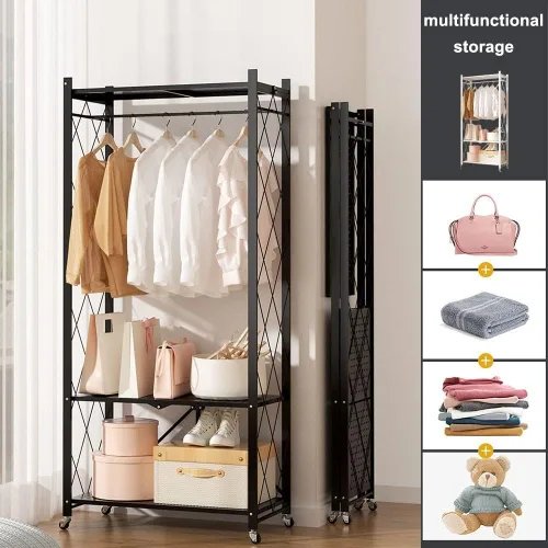 Vista 6 de Perchero resistente con ruedas, perchero de metal con estante de almacenamiento de 2 niveles, para colgar ropa, 28.0 x 13.0 x 61.4 in (negro)