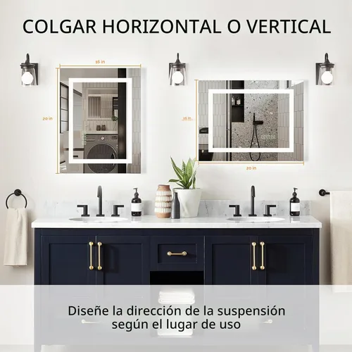 Vista 5 de Espejo de baño LED de 16 x 20 pulgadas, sin marco, con luces retroiluminadas y regulables frontales, antiniebla (apagado automático), espejo