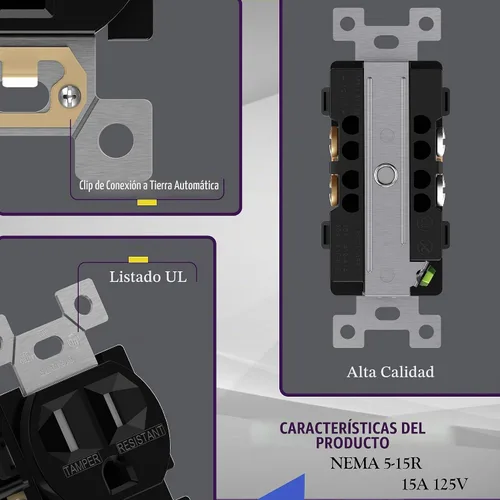 Vista 2 de ENERLITES Receptáculo dúplex, tomas de pared eléctricas resistentes a manipulaciones, grado comercial, 15A 125V, autoconectado, 2 polos, 3 cables