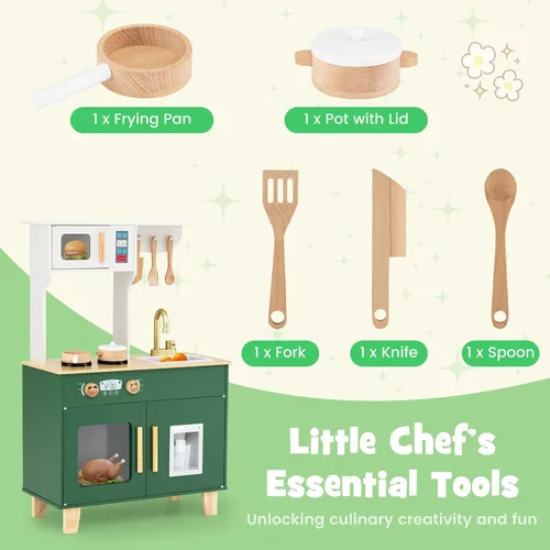 Vista 7 de Costzon Cocina de juego para niños, juego de cocina Little Chef con microondas, estufas, pomos de rotación, dispensador de hielo, grifo, fregadero