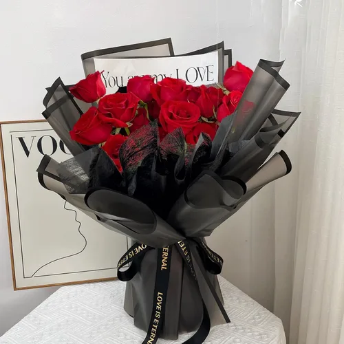 Vista 5 de Gloreyan 20 hojas de papel de regalo de flores negras, ramo de floristería, papel de regalo de flores frescas para manualidades, con borde negro