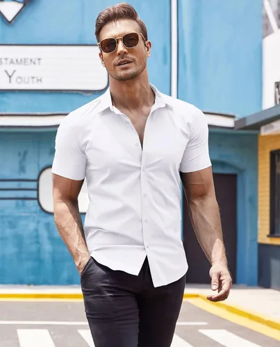 Vista 3 de COOFANDY Camisas de vestir para hombre, sin arrugas, manga corta, casual, con botones