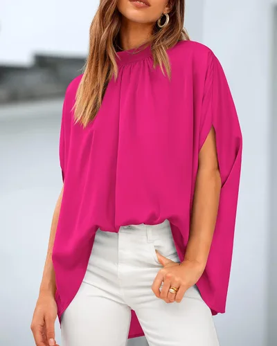 Vista 65 de BTFBM Blusas de verano para mujer, cuello alto falso, manga murciélago, holgadas, dobladillo alto y bajo, blusas informales de gran