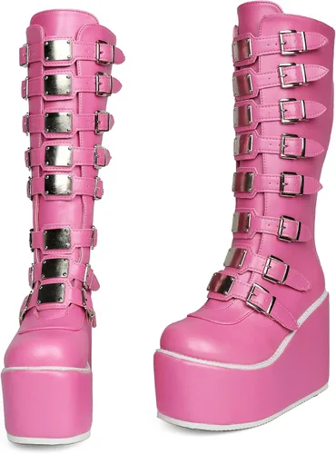 Vista 28 de Parisuit Botas góticas altas hasta la rodilla con hebilla de plataforma para mujer, tacón alto grueso, con cordones, botas de combate punk, con Negro
