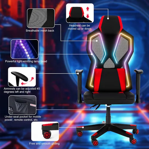 Vista 4 de Frassie Silla de juegos con luces LED RGB, silla de videojuegos ergonómica para computadora con soporte lumbar de masaje (rojo)