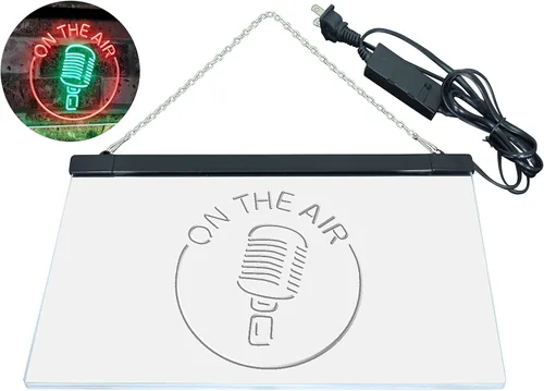 Vista 22 de ADVPRO - cartel de neón para estudio de grabación, LED, con micrófono y rótulo «On the air» azul y Red