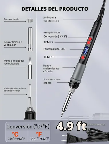 Vista 2 de Kit de herramienta de alisado para impresora 3D 21 en 1, kit de soldadura digital LCD de 80 W con temperatura ajustable y soldador con insertos