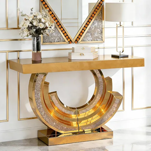Vista 38 de Mesa Consola Negra con Espejo, Mesa de Sofá de Cristal Rectangular de 48 pulgadas con Elementos Tallados Vintage con Espejo, Muebles de Espejo