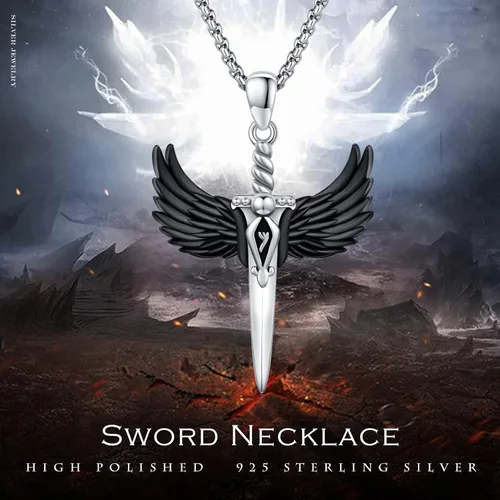 Vista 5 de YEESIA Collar de espada de plata de ley 925, collar de ala de amuleto de protección negra, collares con colgante de daga de espada vikinga, joyería