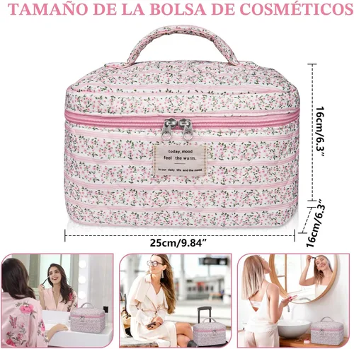 Vista 3 de Gosect Bolsa de maquillaje grande, bonita bolsa de cosméticos para mujeres y niñas, bolsa de aseo estética de coqueta floral, bolsa organizadora