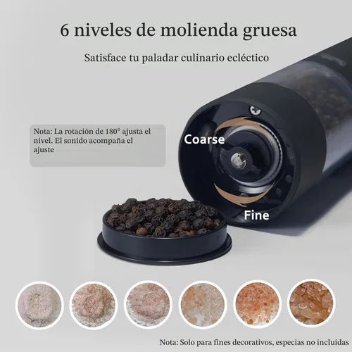 Vista 6 de Juego de molinillo eléctrico de sal y pimienta, recargable por USB, molinillo automático de sal y pimienta con molienda ajustable, saleros Negro