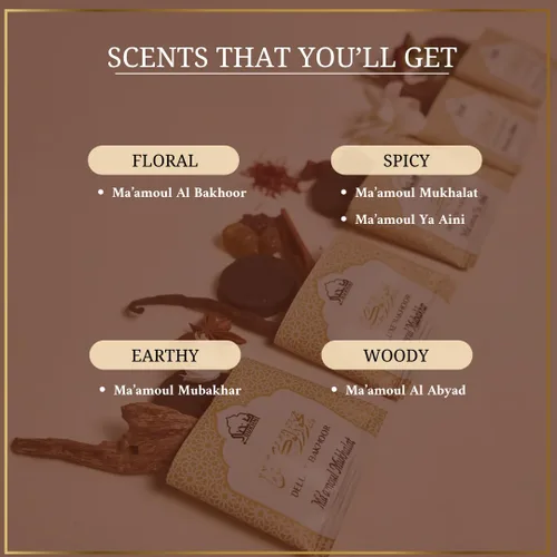 Vista 5 de Dukhni Maamoul Bakhoor Variedad Box & Attar Oil Set Auténtico Incienso árabe y aceites de fragancia 20 piezas bakhoor y 6 attares Lujosos aromas