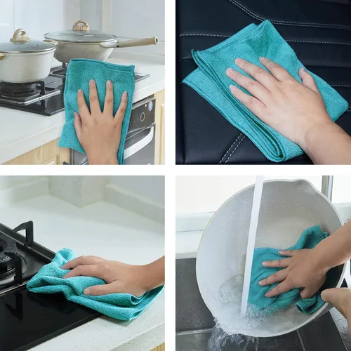 Vista 4 de Paños de limpieza de microfibra para cocina y automóviles, reutilizables y lavables, paquete de 24, azul/blanco/gris, 16 pulgadas de largo x 12