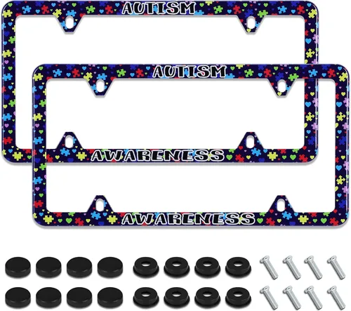 Vista 10 de Marco de matrícula de conciencia sobre el autismo, soporte para placa de matrícula de acero inoxidable, decoración de piezas de automóvil con Autism