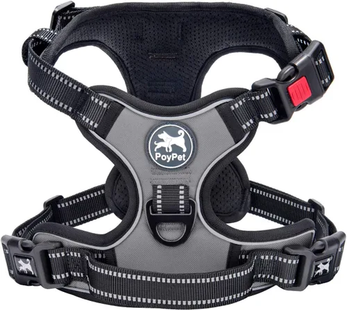 Vista 28 de PoyPet - Arnés para perro, sin tirones ni estrangulamiento, chaleco reflejante ajustable acolchado con enganche frontal y asa para fácil control